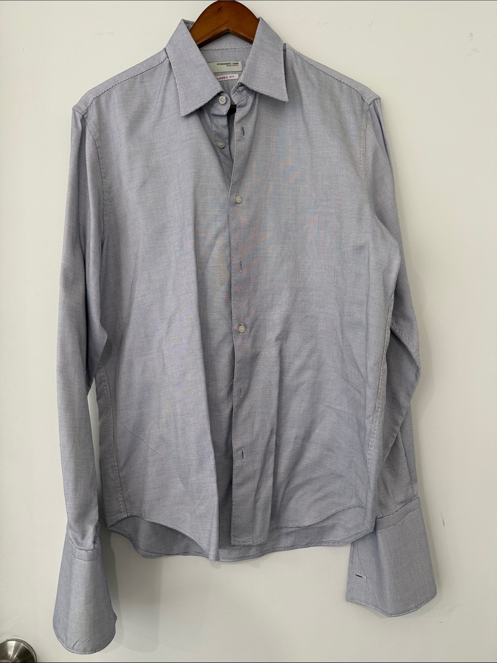 Poggianti 1958 MADE IN ITALY Classic Fit Men's Blue Micro-Check Dress Shirt